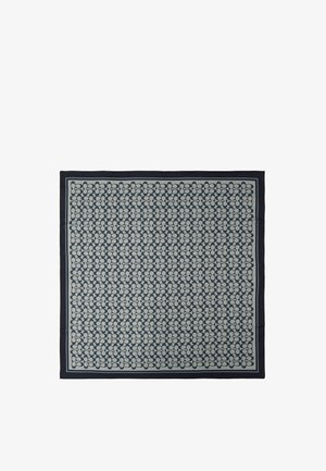 Écharpe carrée bleu marine et gris clair avec un motif géométrique circulaire et ovale répété et une bordure bleu marine.