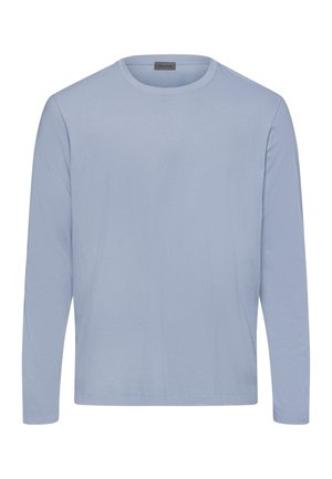 T-shirt à manches longues bleu clair en coton doux, avec un col rond et une coupe droite, présentant des coutures minimales et une texture lisse.
