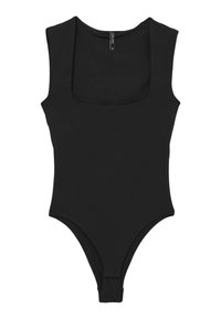 Body nero con scollo quadrato, design senza maniche e gambe alte. Realizzato in tessuto elastico, presenta una texture liscia e cuciture minime.