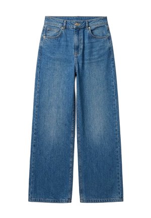 Jeans denim blu a gamba larga con bottone frontale, cerniera, due tasche anteriori e passanti per cintura, mostrati distesi su uno sfondo bianco.