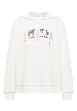 Vit hoodie med en framside-grafik som har ordet "NATURAL" i flerfärgade bokstäver. Inkluderar dragsnören och ribbade ärmslut och nederkant.