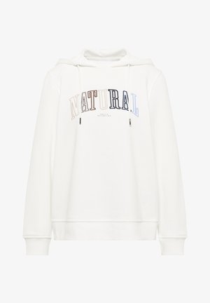Witte hoodie met een grafisch ontwerp aan de voorkant met het woord "NATURAL" in meerkleurige tekst. Inclusief trekkoorden en ribbelboorden aan de mouwen en onderkant.