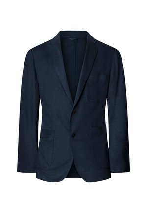 Blazer azul marino para hombre con cierre de dos botones, solapas con muesca y tres bolsillos delanteros, exhibido sobre un fondo blanco.