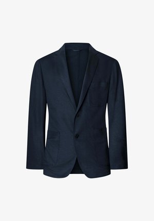 Mørkeblå herreblazer med to-knaps lukning, hakkede revers og tre forlommer, vist mod en hvid baggrund.