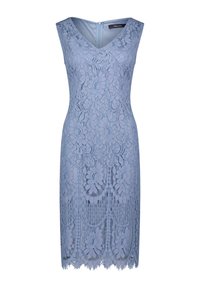 Robe en dentelle bleu clair avec un design à décolleté en V, sans manches, ourlet festonné et motifs floraux sur l'ensemble, dotée d'une fermeture éclair au dos.