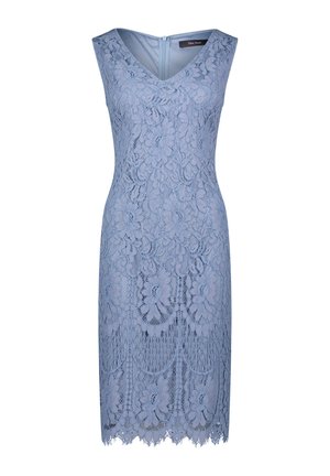 Hellblaues Spitzenkleid mit V-Ausschnitt, ärmellosem Schnitt, gewelltem Saum und floralen Mustern, versehen mit einem Reißverschluss auf der Rückseite.