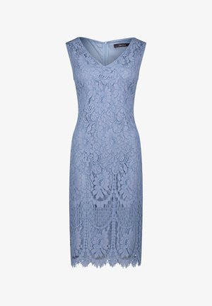 Lichtblauw kanten jurk met een V-hals ontwerp, mouwloos stijl, gegolfde zoom en bloemenpatronen overal, met een ritssluiting aan de achterkant.