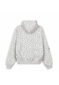 Felpa grigia con cappuccio dalla texture morbida, caratterizzata da un motivo a stampa leopardata in grigio chiaro e bianco, con polsini e vita elastici.