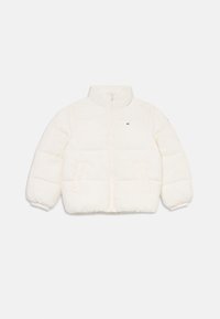 White puffer jacket with a high collar, front zipper, and side pockets; features elastic cuffs and a small logo on the upper left side.