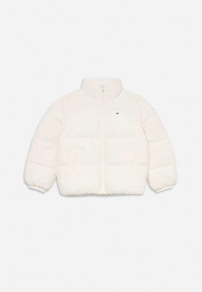 White puffer jacket with a high collar, front zipper, and side pockets; features elastic cuffs and a small logo on the upper left side.
