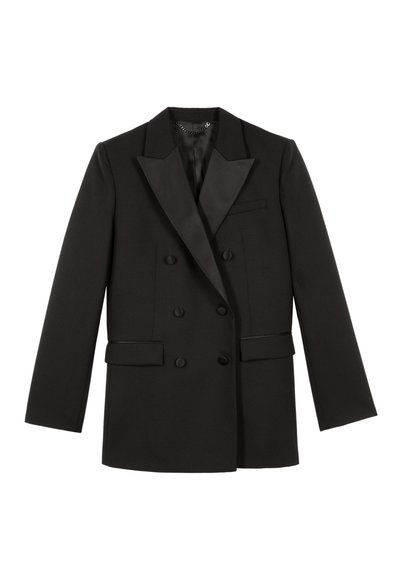 Blazer nero doppiopetto con rever in satin, due tasche frontali e chiusura con bottoni. Texture liscia e design su misura.
