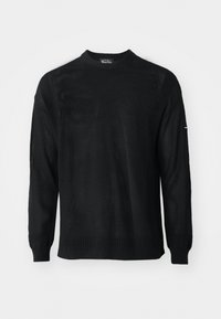 Black knitted sweater with a round neckline, long sleeves, and ribbed cuffs. Features a textured pattern and relaxed fit.