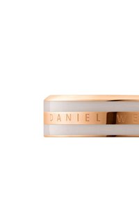 Ruusukultainen rannekoru, jossa on kiillotettu pinta, ja jossa on kaiverrettu nimi "DANIEL WELLINGTON" sileälle valkoiselle nauhalle.