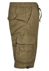 Shorts cargo kaki avec une taille élastique, un cordon de serrage, de multiples poches et un tissu texturé avec un léger brillant.
