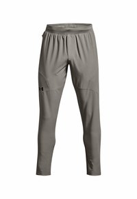 Grå träningsbyxor i figurnära passform med elastisk midja och Under Armour-logotyp på vänster lår.