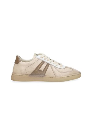 Beige low-top leather sneaker with brown suede detail, white laces, and beige rubber sole, shown from the outer side on a white background.
