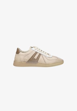Beige low-top leather sneaker with brown suede detail, white laces, and beige rubber sole, shown from the outer side on a white background.