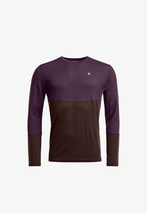 Long-sleeve shirt in purple and brown, featuring a color-block design, made from soft material with a crew neckline and minimal logo detail.