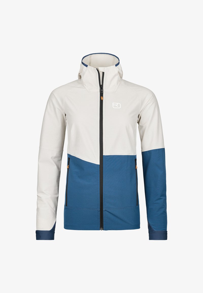 Lightweight jacket with a white top half and blue lower half. Features a high collar, zip closure, and subtle logo on the chest.