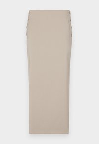 Fustă creion bej, realizată dintr-un material neted, cu nasturi laterali, o siluetă elegantă și fără buzunare sau modele vizibile.