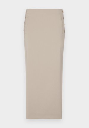 Jupe crayon beige en tissu lisse, comportant des boutons sur le côté, une silhouette épurée et sans poches ni motifs visibles.