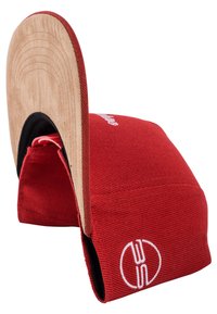 Red fabric cap with a wooden visor. Features a textured surface, a black inner lining, and a white embroidered logo on the side.