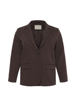 Brun blazer med glat tekstur, enkelt knapluk, to frontlommer, udtalte reverser og foret inderside.