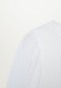 Weißer Pullover mit strukturierten, halbtransparenten Puffärmeln und einem klassischen runden Halsauschnitt, samt glatter Körpertextur und weichem Finish.