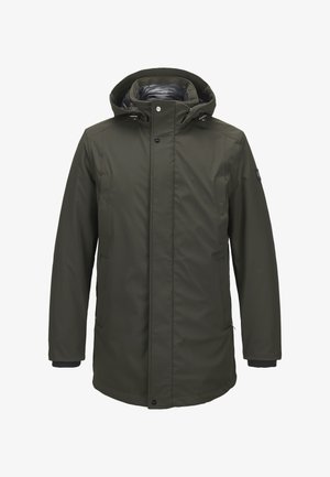 Olivgrüner wasserdichter Parka mit Kapuze, Reißverschluss, zwei Fronttaschen und elastischen Bündchen. Hergestellt aus glattem, strapazierfähigem Material.