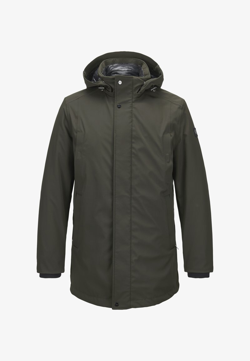 Olivgrüner wasserdichter Parka mit Kapuze, Reißverschluss, zwei Fronttaschen und elastischen Bündchen. Hergestellt aus glattem, strapazierfähigem Material.