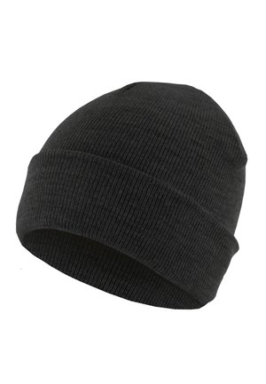 Black knit beanie with a ribbed texture and rolled cuff. Made of soft, stretchy material for comfort and warmth.