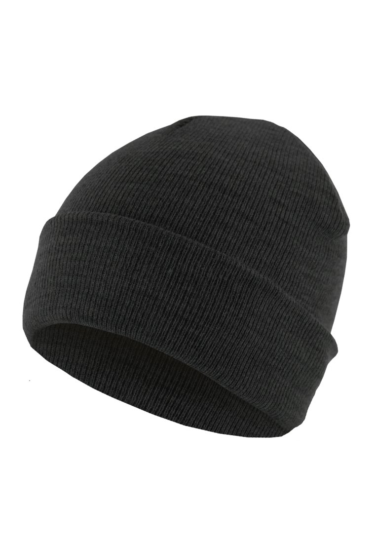 Black knit beanie with a ribbed texture and rolled cuff. Made of soft, stretchy material for comfort and warmth.