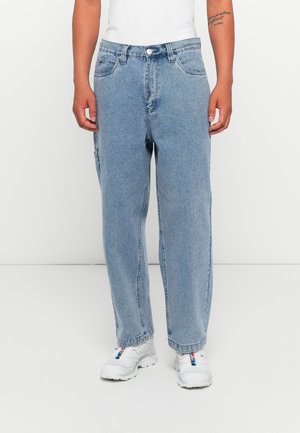 Light blue denim jeans with a straight-leg cut, featuring front and back pockets, and a button closure at the waist.