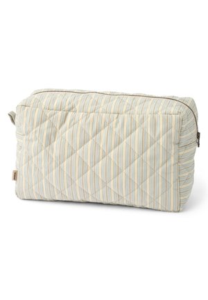 Bolsa rectangular acolchada con rayas verticales en azul claro, beige y blanco, un bolsillo delantero, cierre de cremallera y tirador de tela.