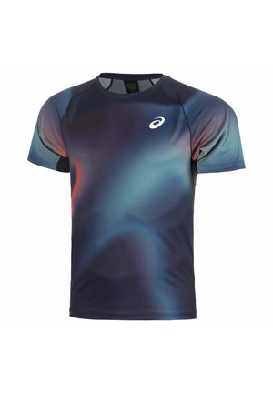 Kurzärmeliges Sportshirt mit blau-lila Farbverlaufsmuster und weißem ASICS-Logo auf der Brust.