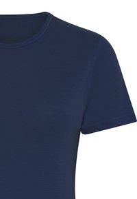 Navy blue cotton t-shirt with a round neckline and short sleeves. Features a smooth texture and contrasting stitching.