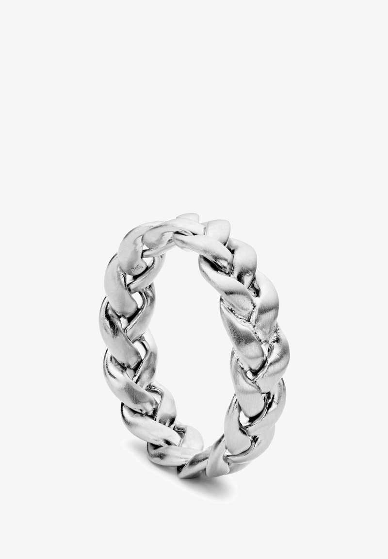 Ezüst fonott gyűrű, amely összekapcsolódó láncszemekkel rendelkezik, sima, fényes felülettel. Kerek formájú, amely egy seamless kialakítást mutat be.