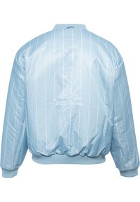 Veste bomber bleu clair avec des rayures blanches verticales, manches et ourlet côtelés, fabriquée en matériau lisse semblable à du satin, dotée d'un col classique.