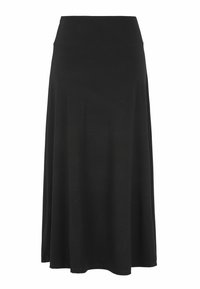 Zwarte midi-rok van zachte stof, met een aansluitende taille en een uitlopende silhouette, een gladde textuur en geen zichtbare patronen of accenten.
