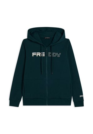 Felpa con zip di un verde scuro realizzata in tessuto morbido. Presenta un cappuccio, due tasche frontali e il logo "FREDDY" stampato in bianco nella parte anteriore.