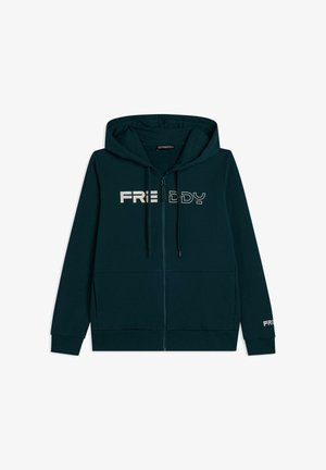 Felpa con zip di un verde scuro realizzata in tessuto morbido. Presenta un cappuccio, due tasche frontali e il logo "FREDDY" stampato in bianco nella parte anteriore.