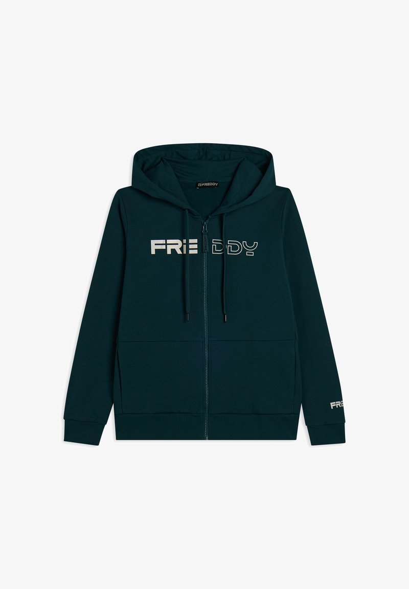 Felpa con zip di un verde scuro realizzata in tessuto morbido. Presenta un cappuccio, due tasche frontali e il logo "FREDDY" stampato in bianco nella parte anteriore.