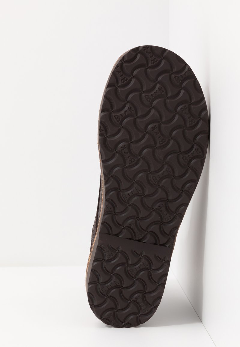 Sohle eines dunkelbraunen Schuhs mit gemusterten Profilen und "Birk"-Markierung, die vertikal an einer weißen Eckwand lehnt.