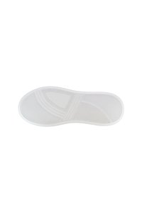 Biała gumowa podeszwa z teksturowaną powierzchnią, rowkami i żłobieniami dla lepszej przyczepności. Posiada gładkie, zaoblone krawędzie oraz zakrzywiony kształt.
