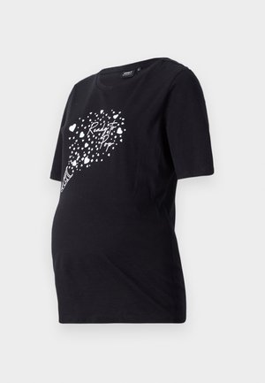 Sort graviditetst-shirt med korte ærmer, der har en hvid grafik af hjerter og teksten "Ready to Pop." Lavet af blødt bomuldsmateriale.