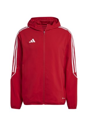 Rode hooded jas met witte strepen langs de schouders en zijkanten. Voorkant met volledige rits en geweven stof met een soepele textuur.