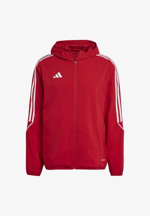 Rote Kapuzenjacke mit weißen Streifen an den Schultern und Seiten. Vorderer Reißverschluss über die gesamte Länge und gewebter Stoff mit glatter Textur.