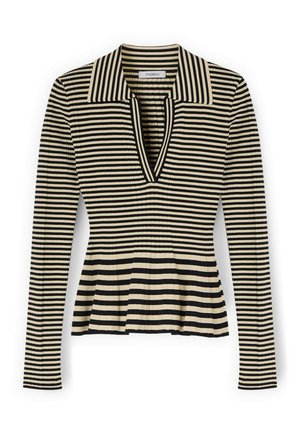 Maglia a maniche lunghe in maglia a coste con righe orizzontali nere e beige, ampio colletto e scollo a V, leggermente svasata in vita.