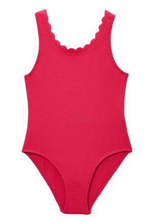 Maillot de bain une pièce rouge côtelé avec encolure festonnée et larges bretelles.