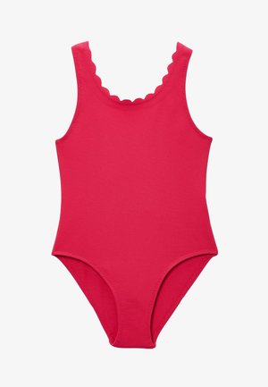Maillot de bain une pièce rouge côtelé avec encolure festonnée et larges bretelles.